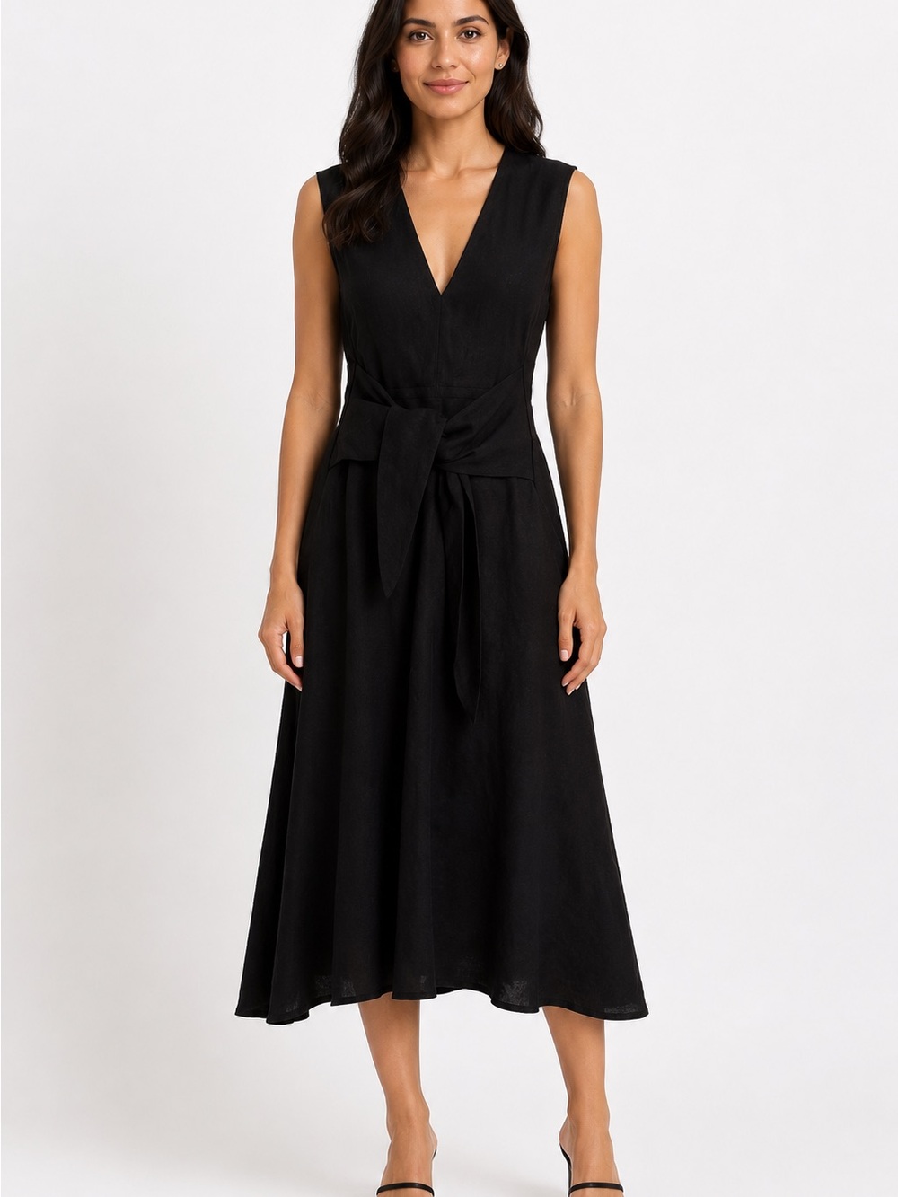 NWT Mango L Lyocell Black Sleeveless V-Neck Dress West Tie Zipped skirt A-line